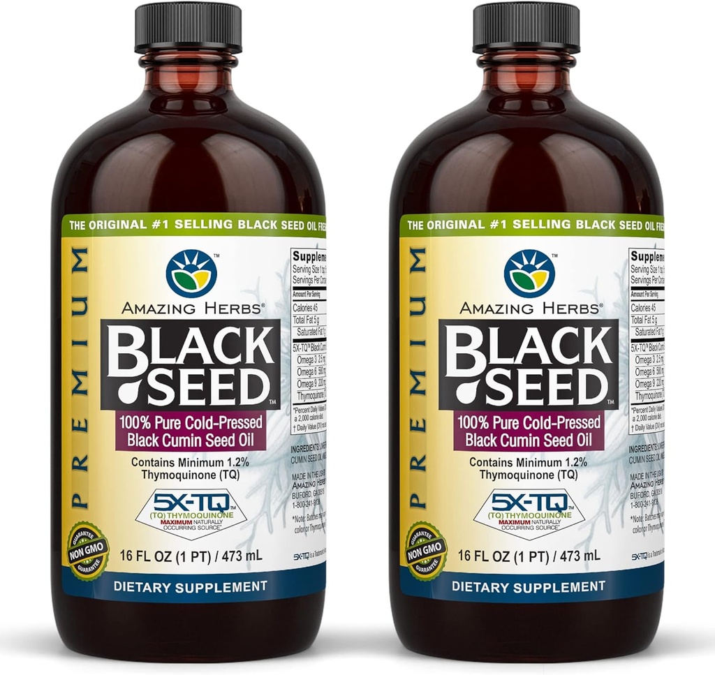 Amazing Herbs Premium Black Seed Oil - Gluten Free, Non GMO, Cold Pressed Nigella Sativa Aids in Digestive Health, Immune Support, Brain Function, Joint Mobility - 16 Fl Oz (Pack of 2)