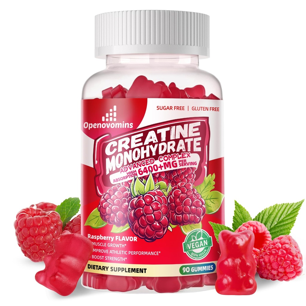 Cretina Monohydrate Gummies Complejo 6400mg para Hombres &amp; Mujeres -Fórmula avanzada W/L-Taurina + Vitamina B12, Sugar Suplemento Chewable Libre,90 Raspberry Gummies