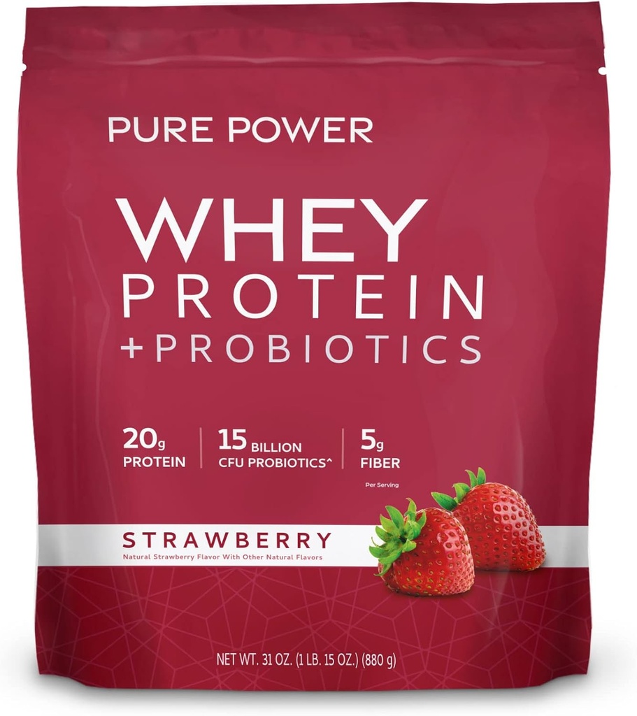 Dr. Mercola Pure Power Whey Protein + Probiotics - Supports Muscle Recovery & Digestive Health - Pasture-Raised Whey - MCTs & Fiber - Vanilla - 31 oz (22 Servings) - Strawberry