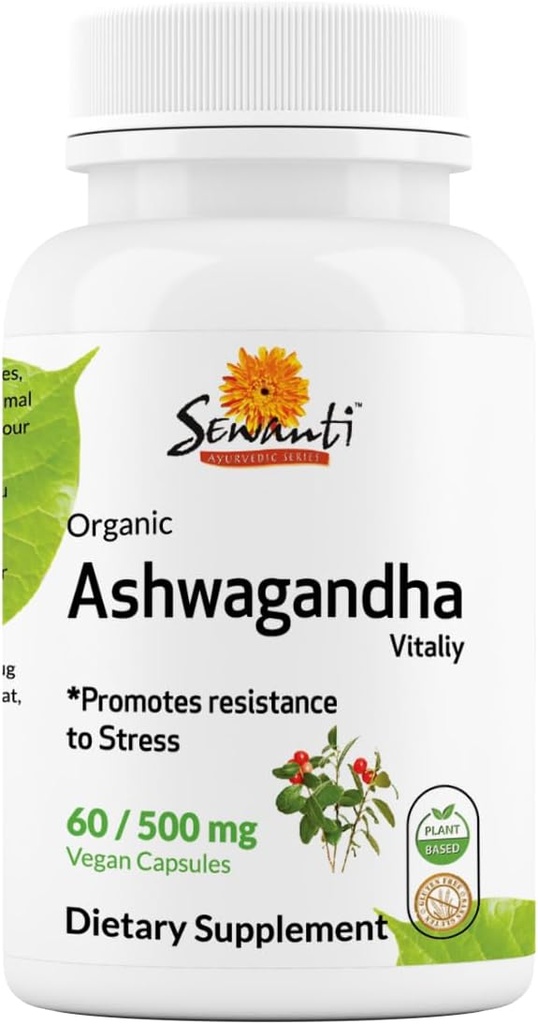 Sewanti Organic Ashwagandha Capsules - Natural Stress Relief & Energy Boost - Dietary Supplement High Potency Extract 60 Vegan Capsules - 500mg