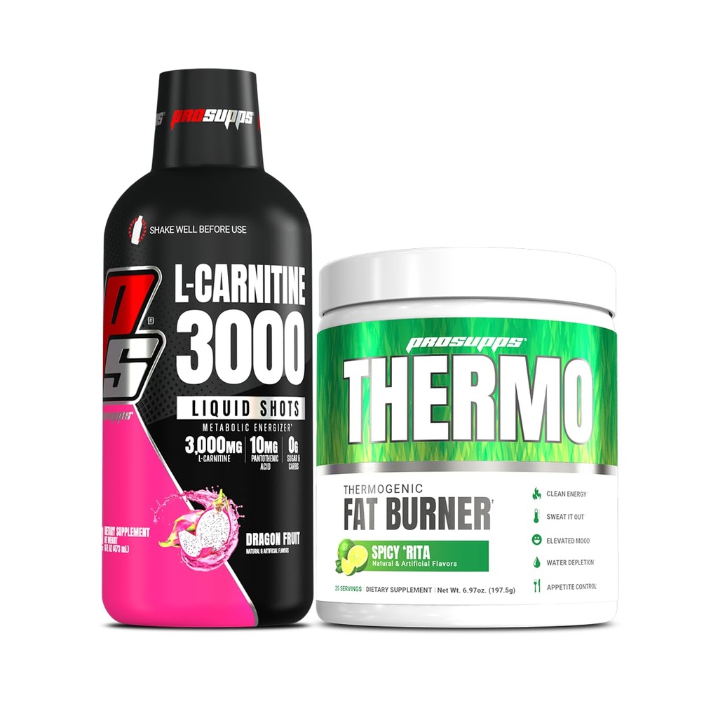 PROSUPPS L-Carnitina 3000 Zapatos líquidos libres estimulantes (31 Servings, Dragon Fruit) y Termo grasa quemando de polvo termogénico (25 Servings, Spicy 'Rita) Bundle
