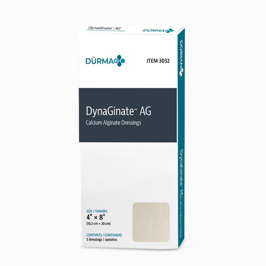 Dynarex DynaGinate AG Plata Calcio Alginate Dressings - 4"x8", Calcio Alginate Wound Dressing with Silver Ions, 1 Caso de 50 DynaGinate AG Dressings - 4"x8" - 1 Caja de 5