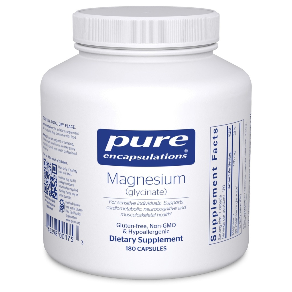Encapsulaciones puras Magnesio (Glycinate) - Suplemento de Apoyo Alivio del Estrés, Dormir, Salud del Corazón, Nervios, Musculos y Metabolismo* - con Magnesio Glycinate - 180 cápsulas