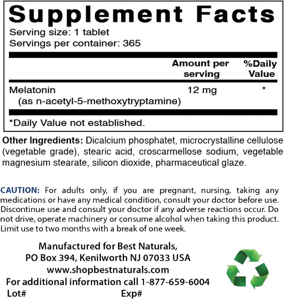 Mejores Naturales Melatonina 12 mg " Biotina 10.000 Mcg