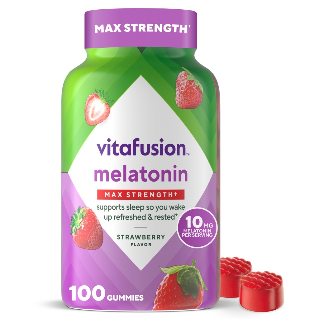 vitafusion Max Strength 10 mg Melatonin Gummies, Strawberry Flavored, Adult Melatonin Gummy Vitamin Supplement, 100 Count, 50 Day Supply