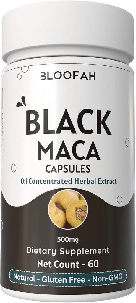 Black Maca Capsules 500mg ← 10:1 Extracto Polvo Silencio Concentrado Suplemento Herbal Silencio No Gluten-Free, Maca Root Extract ← Premium Herbal Nutrition (60 Cuenta (Pack of 1))