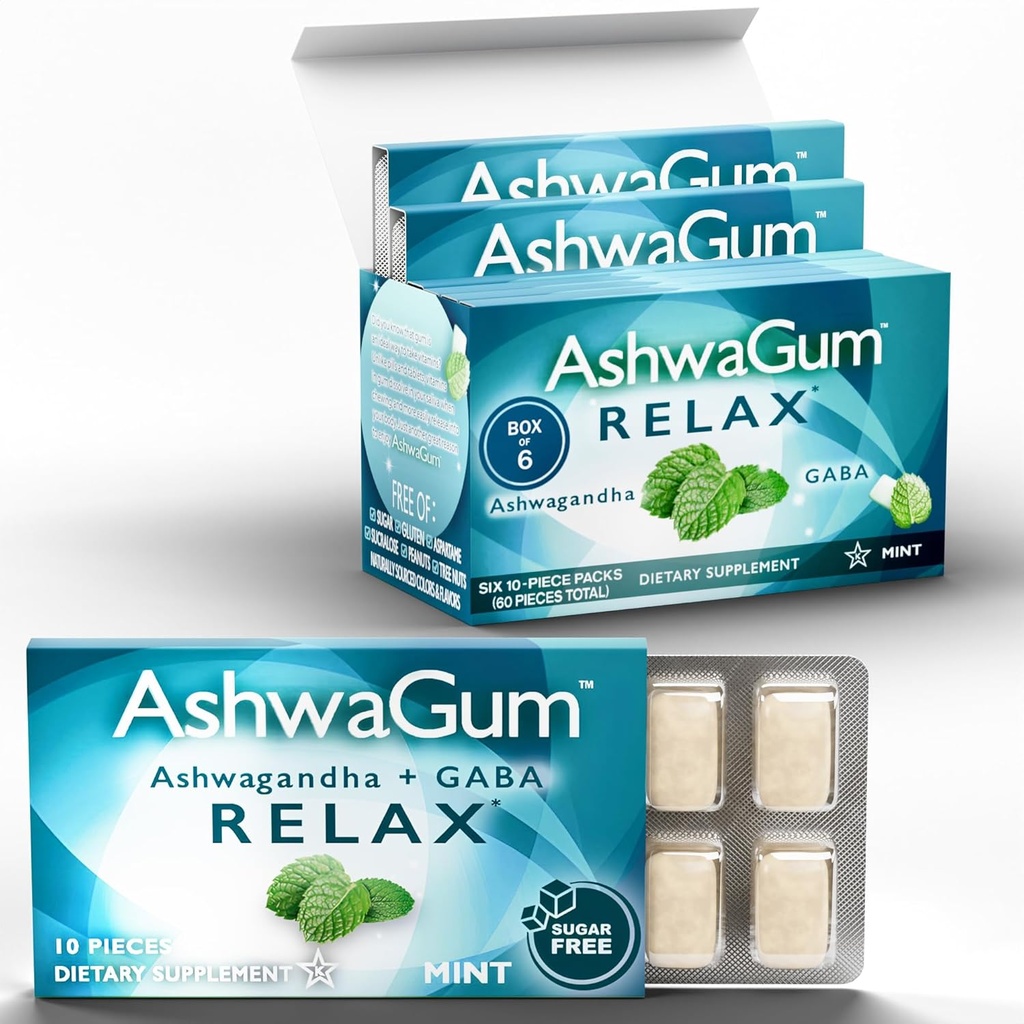 AshwaGum RELAX Gum by BetterGum, High Potency Supplement with KSM 66 Ashwagandha and Gaba, Supports Stress and Anxiety Relief, Cortisol Support, Alternative to Gummies, Sugar-Free, 10 Pieces - 6 Pack