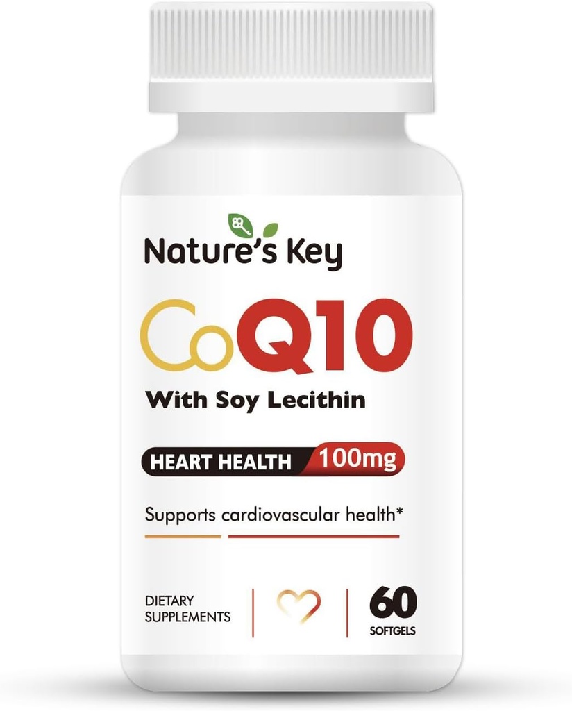 CoQ10 Clave de la Naturaleza 200 mg Softgels - 3X Mejor Absorbción Agua Soluble Coenzima Q10 para la salud del corazón con 50 mg Soy Lecithin - 1 Mes Fuente(60 Cuentas)