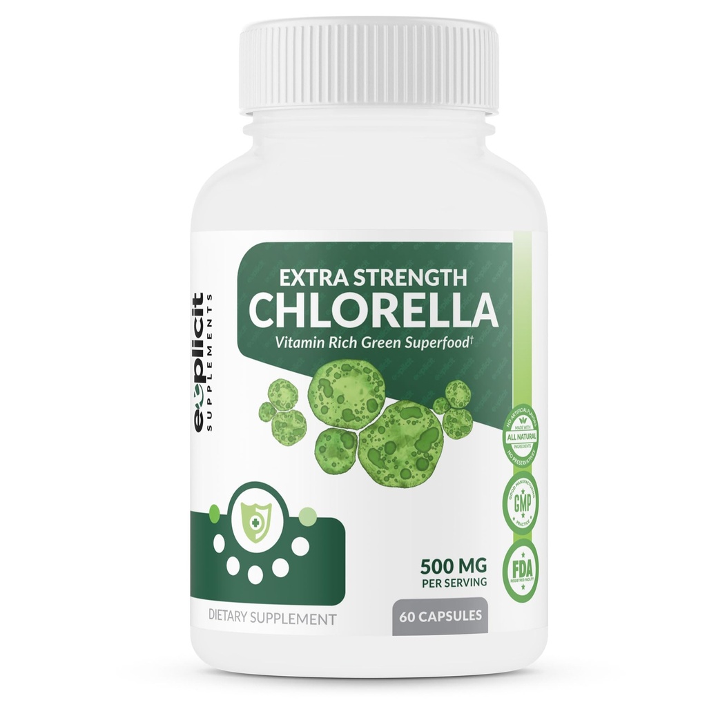 eXplicit Suplementos Extra Strength Chlorella Superfood Capsules Broken Cell Wall High Potency Vegan Super Food, 1000mg Daily - 60 cápsulas
