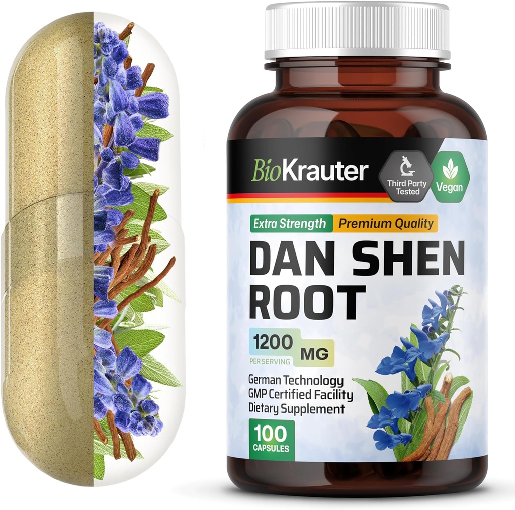 BIO KRAUTER Dan Shen Root Capsules - 1200 mg Fuerza - 100 capas de salvia roja - Fuente antioxidante - Salvia Miltiorrhiza Root - Vegan