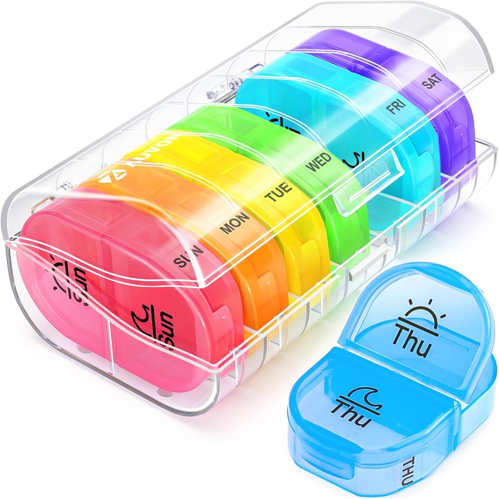 AUVON Pill Box 2 veces al día, organizador semanal de píldoras AM PM con 7 caja de bolsillo diario para mantener vitamina, medicina, medicamentos y suplemento