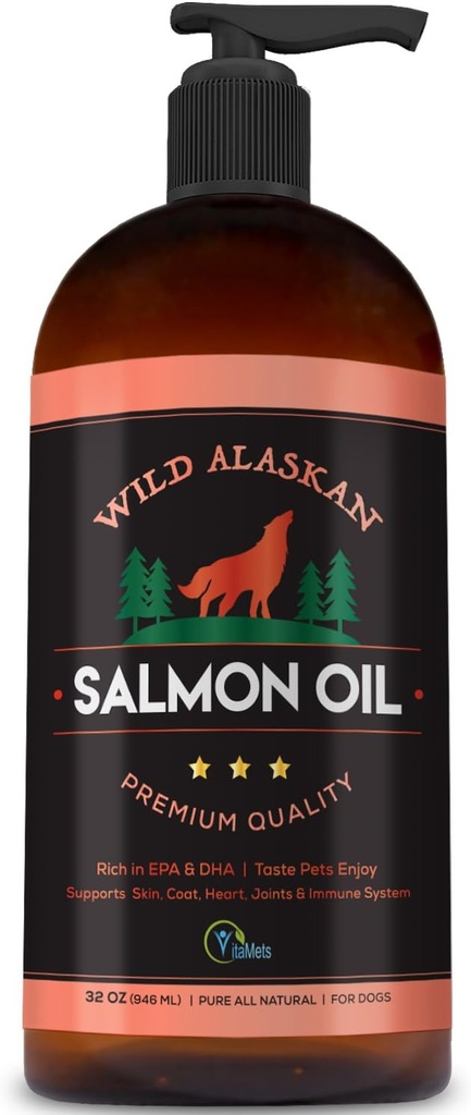Salvaje Aceite de Salmón de Alaska para perros, gatos y mascotas – 100% Natural Omega-3 suplemento de aceite de pescado con DHA y EPA promueve la función de cadera y articulación, la piel sana y la carne (32 oz)
