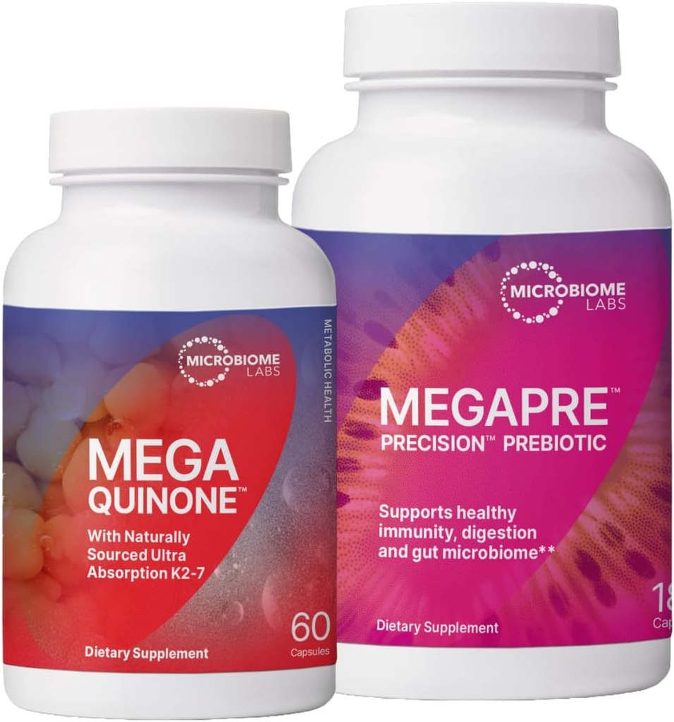 Microbiome Labs MegaPrebiótico para soportar la digestión " Gut Barrier (180 cápsulas) + MegaQuinone K2-7 Suplemento completo de vitamina K con Magnesio, Zinc (60 cápsulas) - 2 Producto Bundle