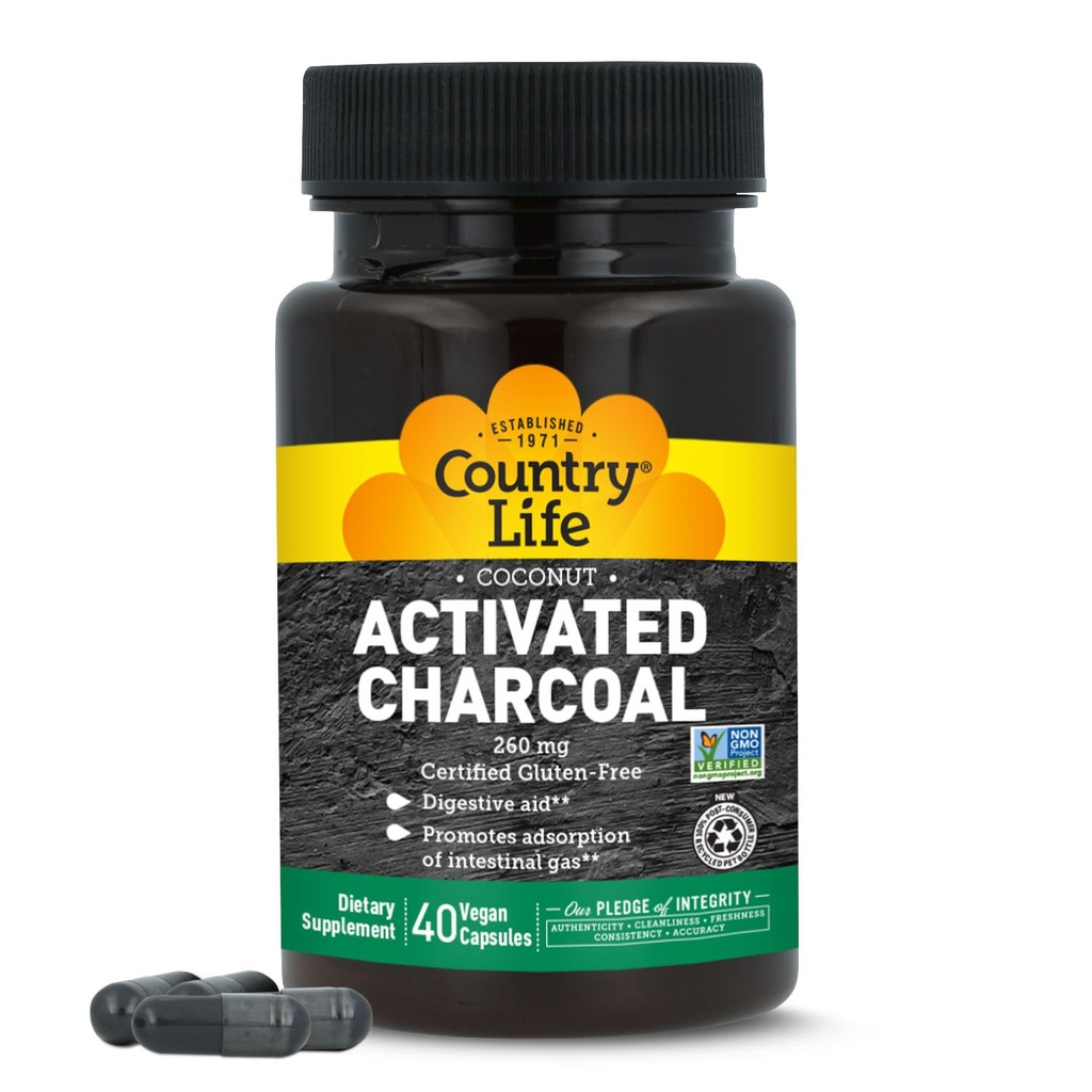 Country Life Coconut Activated Charcoal Capsules, 260mg – Natural Charcoal Supplement for Gas and Bloating Relief - Gluten-Free, 40 Vegan Capsules