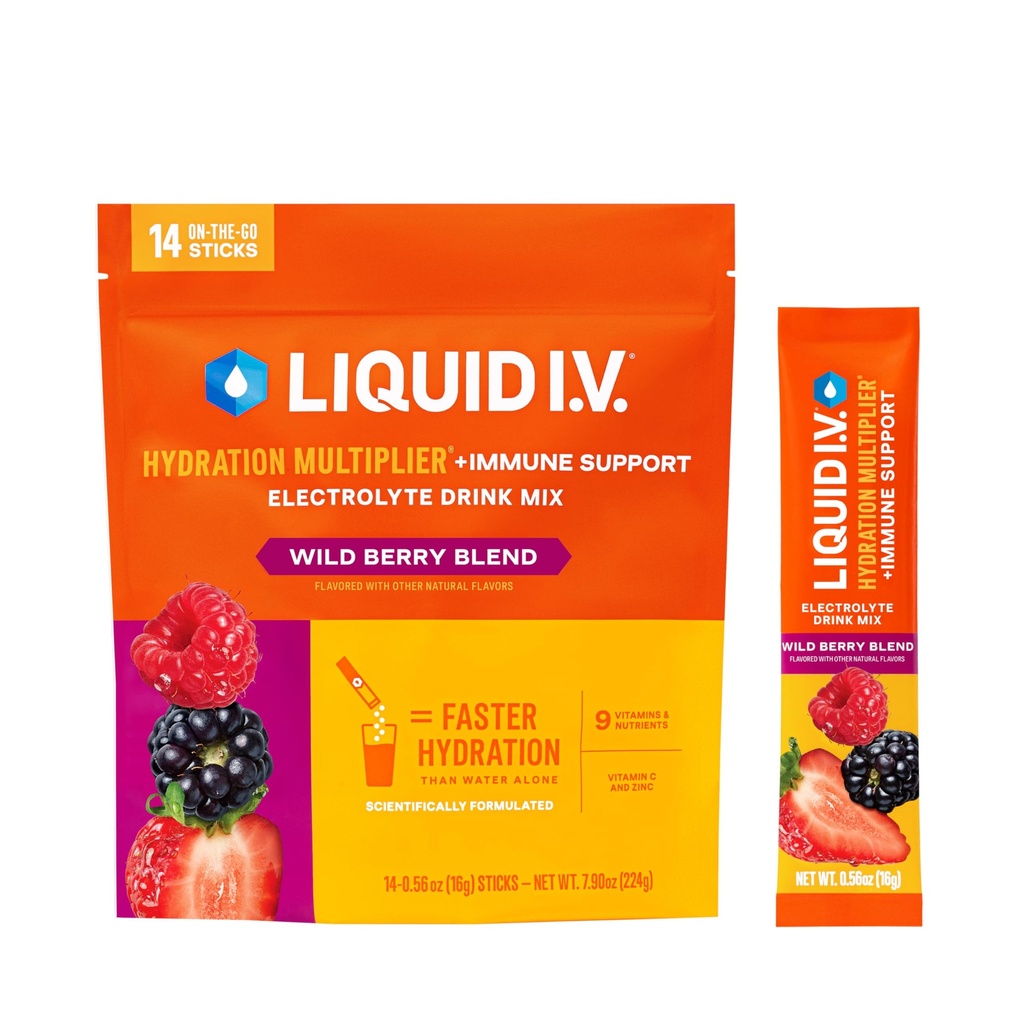 Liquid I.V.® Hydration Multiplier + Apoyo Inmune - Wild Berry Blend  durable Electrolyte Powder Drink Mix TEN 1 Pack (14 Servimientos)