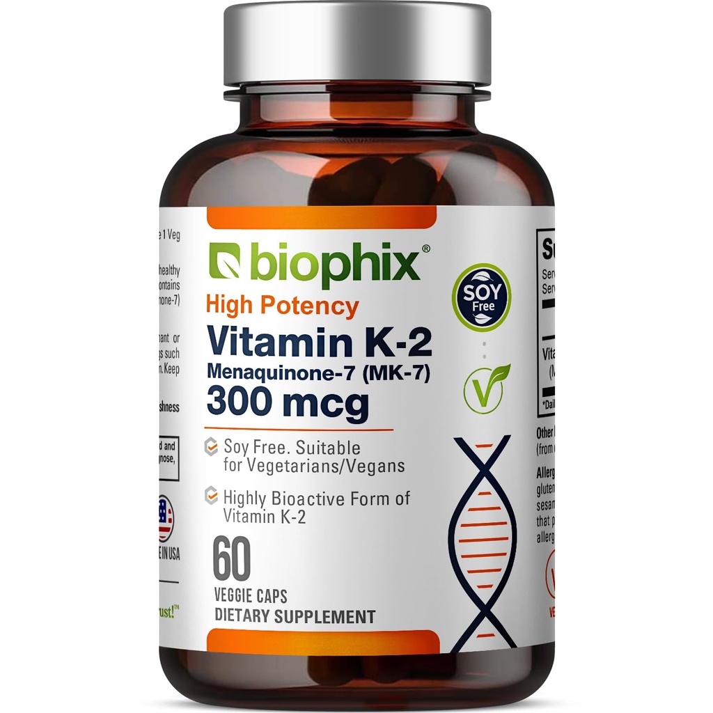 biophix Vitamin K2 MK-7 300mcg, 60 Vegan Capsules – High-Potency Supplement for Bone Strength and Immune Health