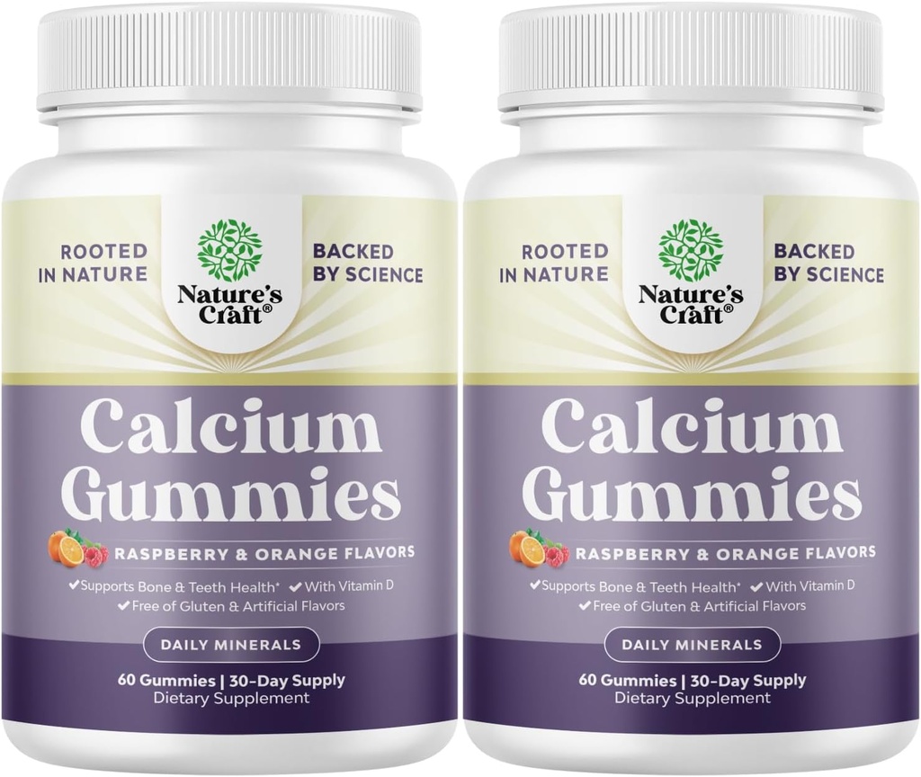 Naturalezas Artesanía Alta Absorción Calcio Gummies con Vitamina D3 - Delicioso Calcio Gummies para Adultos - Chewable y Vitamina D Suplemento para la Salud de Huesos y Apoyo Inmunitario Gelatin-Free 60ct (2 Pack)