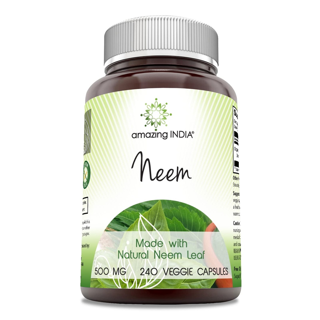 Increíble India Neem (Made with Natural Neem Leaf) 500 mg Veggie Capsules Suplemento ← No-GMO Silencio Gluten Libre Silencio Hecho en EE.UU.