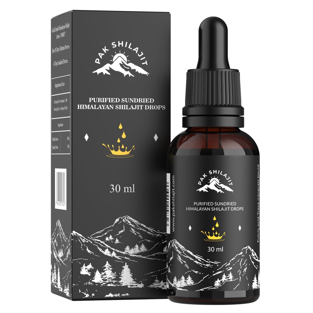 PakShilajit® Sun Dried Himalayan Shilajit gotas líquidas, más Premium &amp; Gold Graded Shilajit Drops Above 17000FT (30ML Pack), Rich in Fulvic Acid Humic Acid Natural Supplement