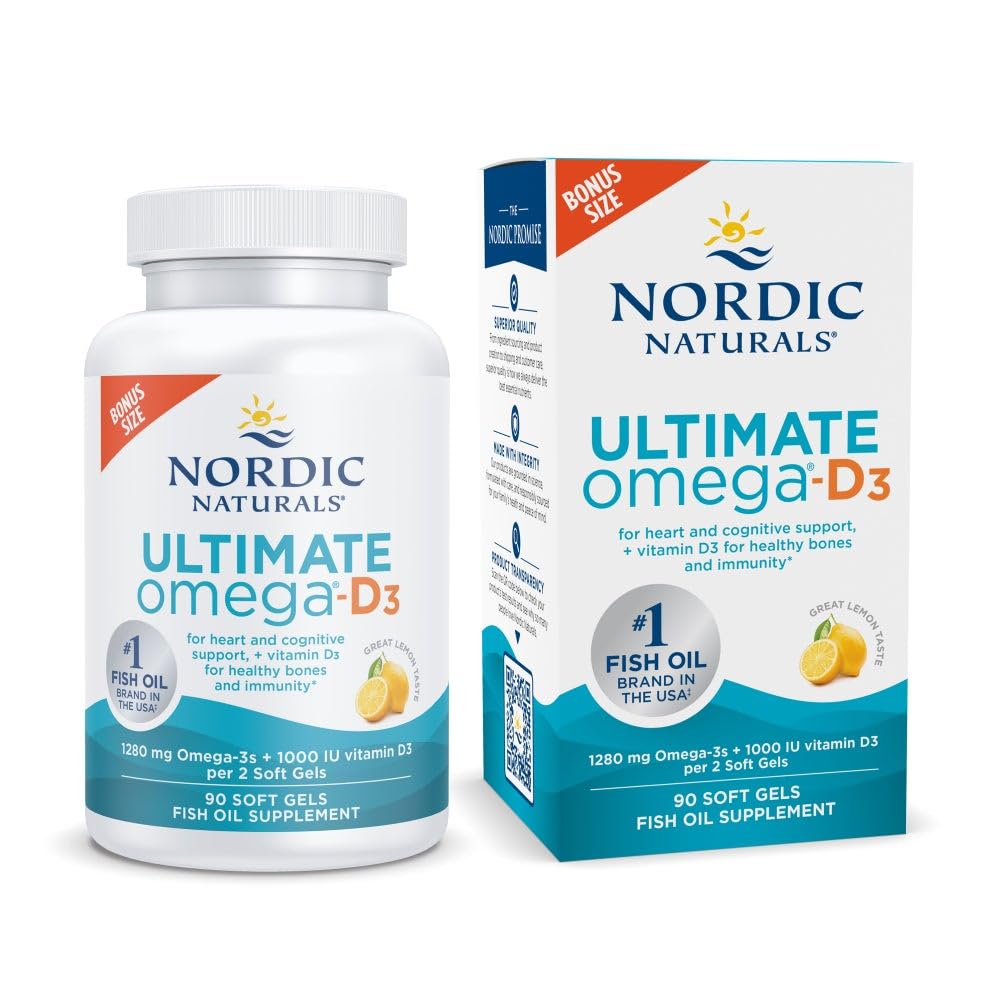 Nordic Naturals Ultimate Omega-D3, Lemon Flavor - 90 Soft Gels - 1280 mg Omega-3 + 1000 IU Vitamina D3 - EPA & DHA - Promueve Cerebro, Corazón, & Immune Health - 45 Servings