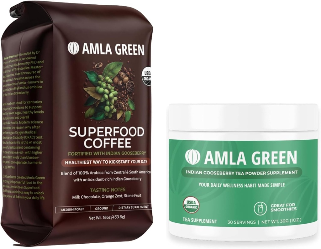 Amla Green Organic Ground Superfood Coffee, Medium Roast Gourmet Coffee and 20X Concentrated Original Amla Power 30 Serving