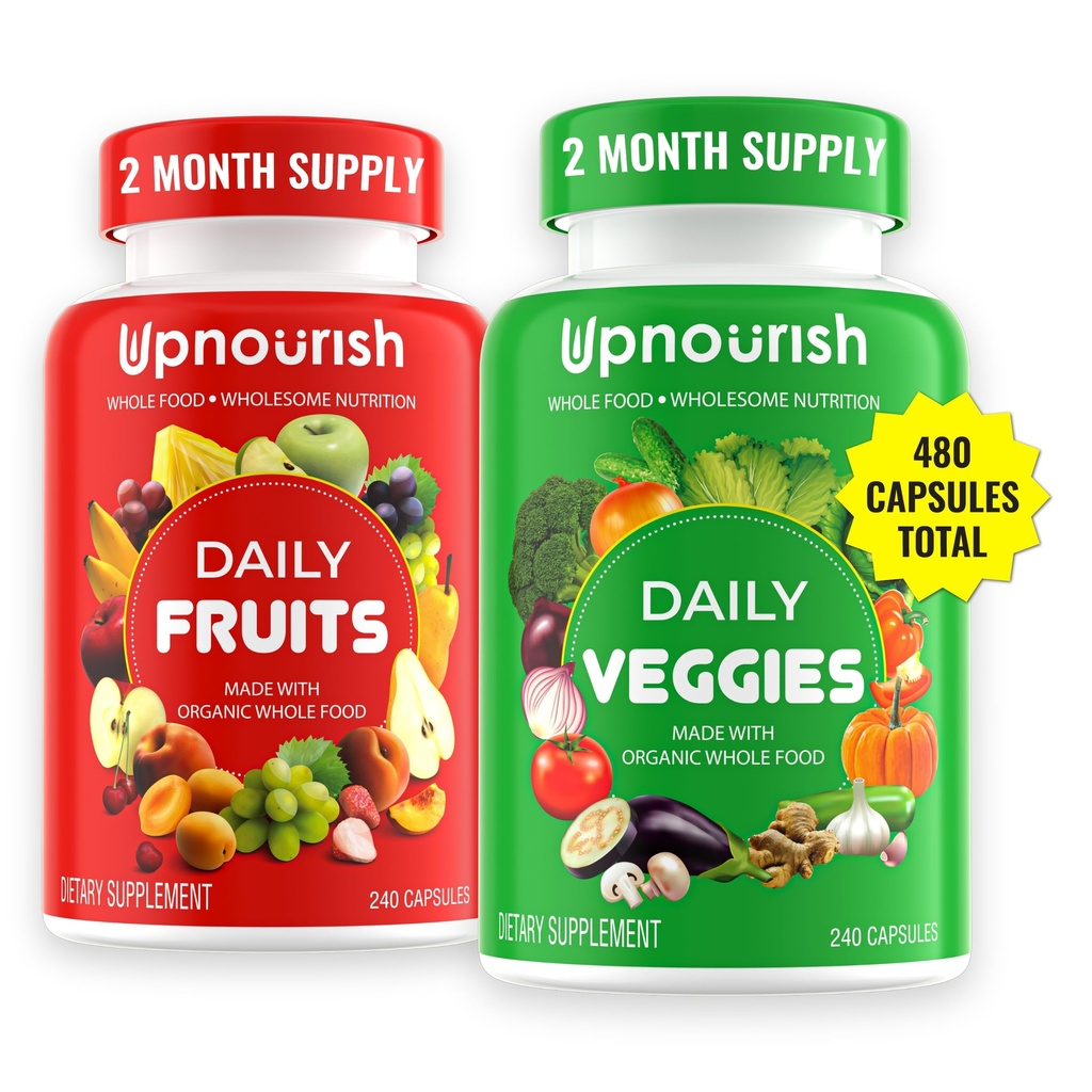 UpNourish Organic Fruits and Veggies Supplement - Support Diet Balance, Body Cleanse & Energy - 480 Fruits and Super Greens Capsules from Nature - Fruit and Vegetable Supplements for Adults & Kids