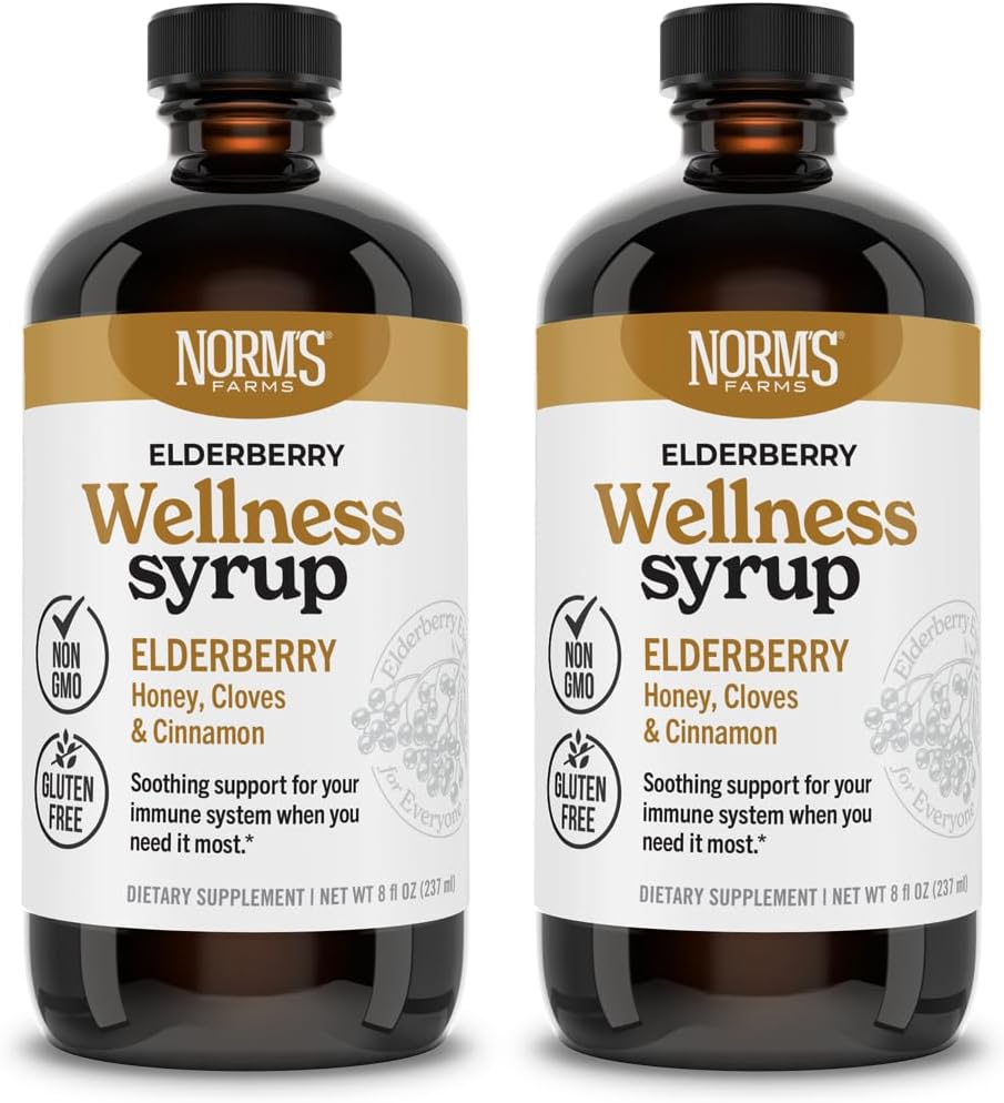 Norm's Farms Wellness Black Elderberry Syrup with Honey, Cinnamon & Cloves - Made in USA, Natural Immune Support, No Alcohol or Fillers, Gluten-Free, Non-GMO, Vegan, Pure Elderberry Syrup - 2PK 8 Oz