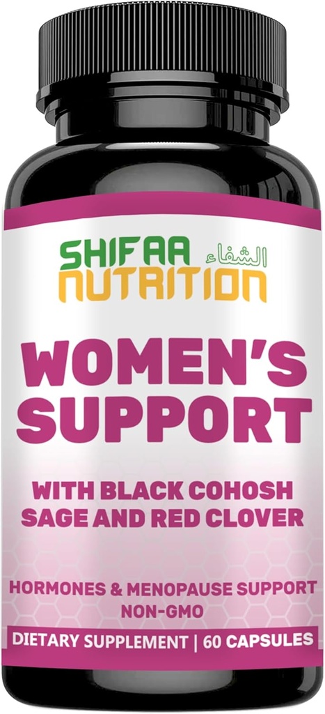 SHIFAA NUTRITION Hormonas Balance &amp; Menopause Supplements for Women, Menopause Relief - Support for Hot Flashes, Mood Swings w/Black Cohosh & Red Clover Halal Vitaminas, 30 Servings
