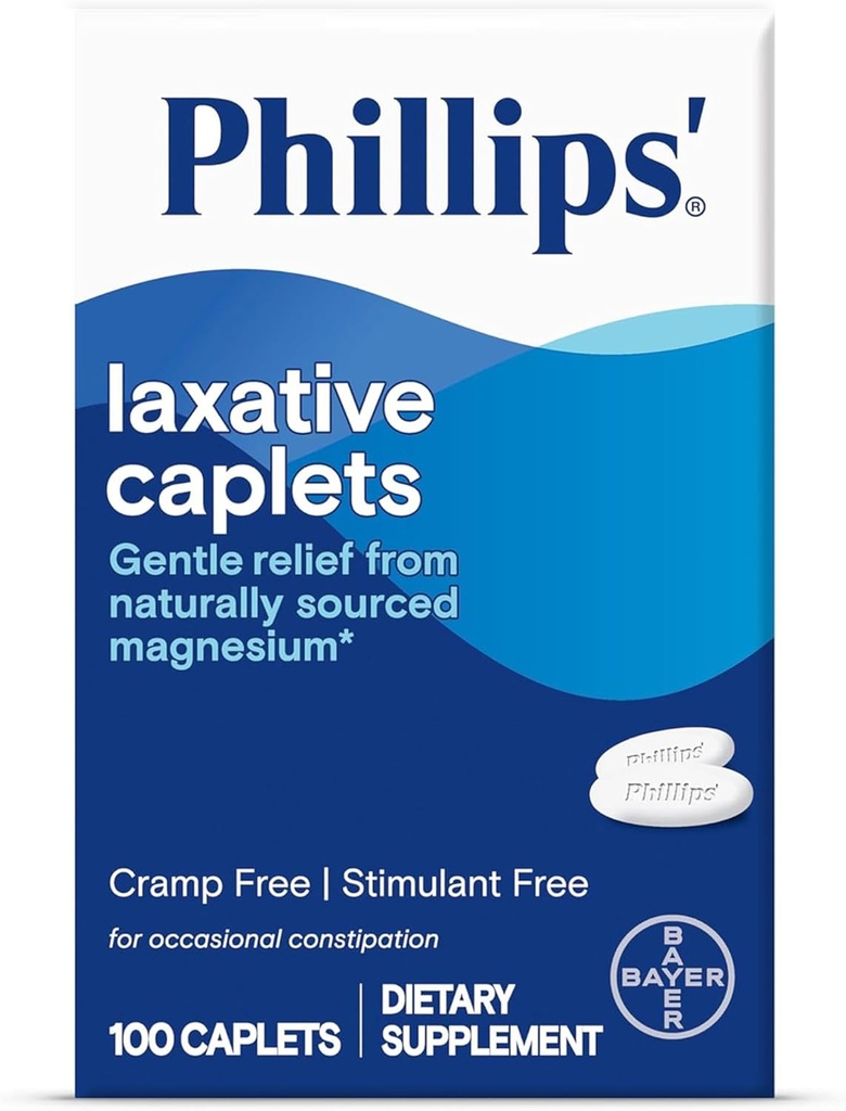 Phillips' Laxative Caplets, With Naturally Sourced Magnesium Supplement for Gentle Relief of Occasional Constipation, Cramp and Stimulant Free Laxatives, 100 Caplets
