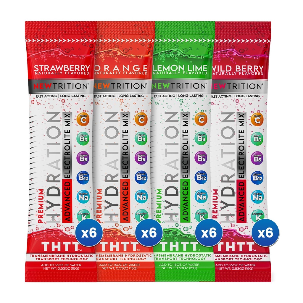 Hydration Powder, 4 Flavors, Pack of 24 Electrolyte Powder Packets, Naturally Flavored Hydrating Packets for Water, Fast Acting Hydrate Electrolytes with Vitamins B clC, Energy & Recovery