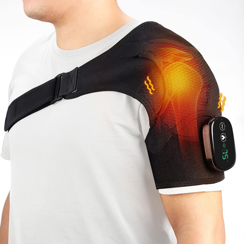 Cordless Shoulder Heating Pad, Heated Shoulder Brace with Vibration, Shoulder Massager for Men Women Pain Relief