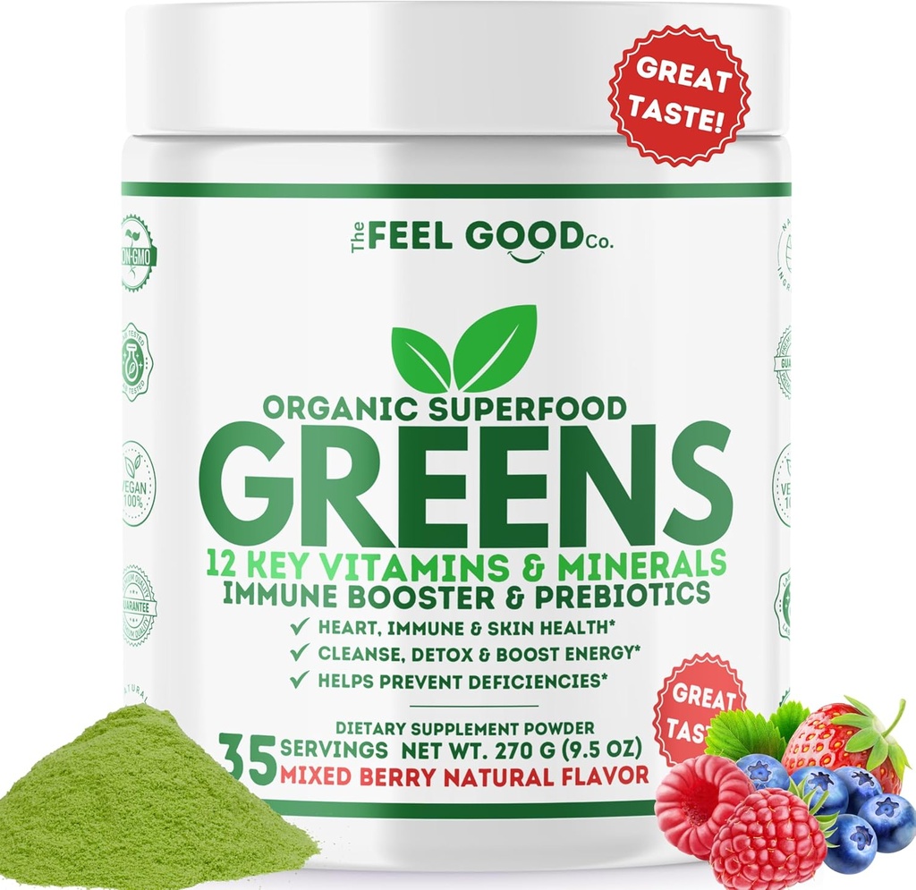 The Feel Good Super Greens Powder - Orgánica Green Juice, Wheat Grass No Añadido Sugar, Spirulina, Chlorella, Probiotics, Digestive Enzyme, Antioxidant Rich, Immunity Boost Green Superfood, 35 SVG, Daily