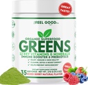 The Feel Good Super Greens Powder - Orgánica Green Juice, Wheat Grass No Añadido Sugar, Spirulina, Chlorella, Probiotics, Digestive Enzyme, Antioxidant Rich, Immunity Boost Green Superfood, 35 SVG, Daily