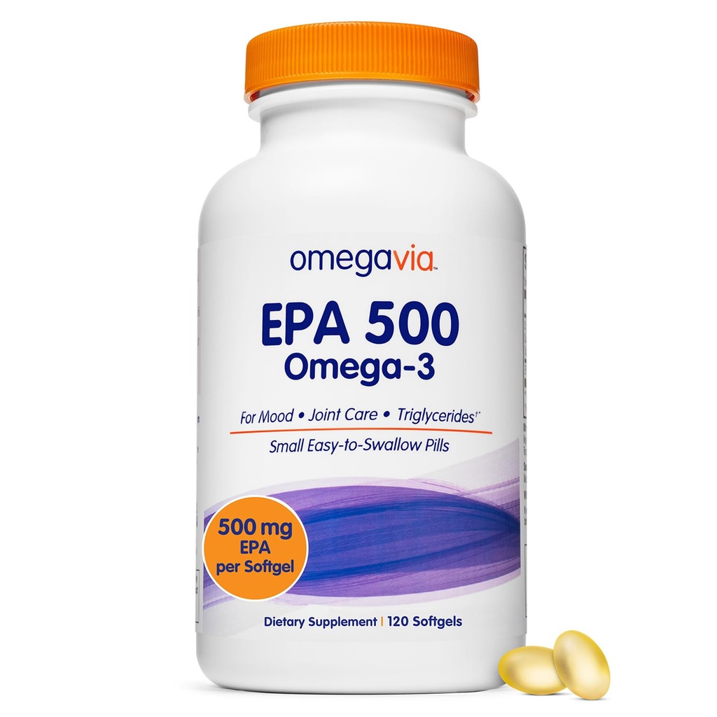OmegaVia EPA 500, Purified Omega-3 Fish Oil Suplemento, 500 mg EPA en Triglyceride Form, Burpless Fish Oil, Non-GMO, Gluten-Free, IFOS 5-Star, 120 Softgels