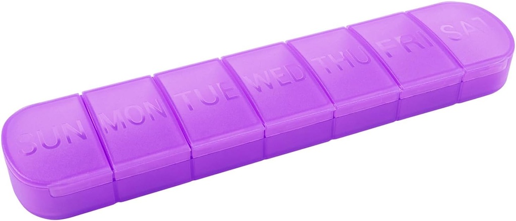 Organizador semanal de píldoras, Una vez al día, Contenedor de caja de 7 días, púrpura mate, gran 7 dispensador de píldoras para medicamentos, medicamentos, aceites de pescado, suplementos, cápsula, tabla
