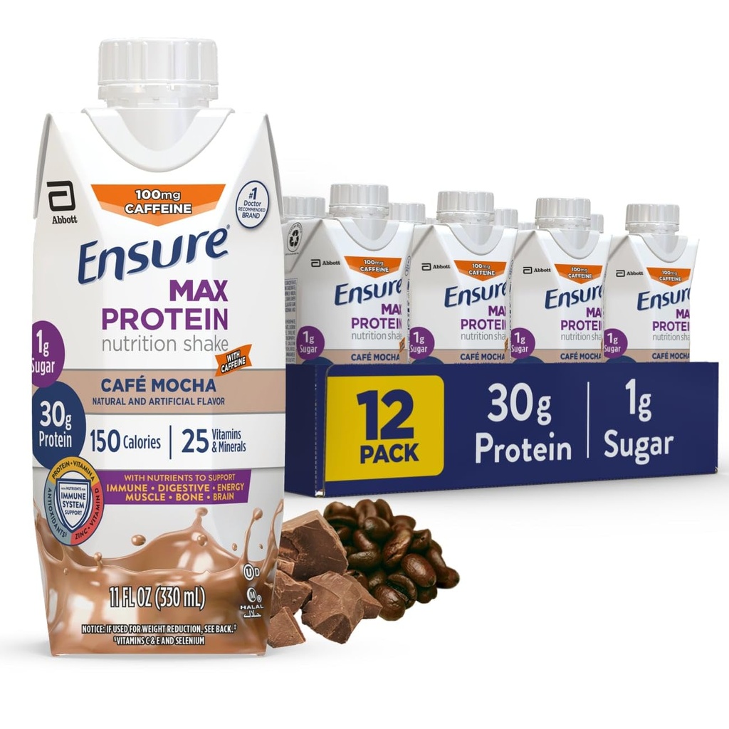 Asegurar Max Protein Café Mocha Nutrición Agitar 30g Protein, 1g Azúcar, 4g Fiber Blend ← 12 Pack