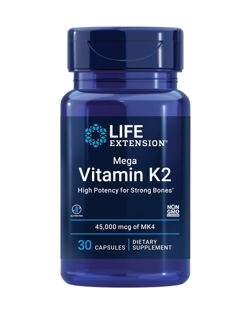 Life Extension Mega Vitamin K2 High Potency for Strong Bones, clinically studied 45 mg K2 dosage, promotes healthy bone density, gluten-free, non-GMO, 30 capsules