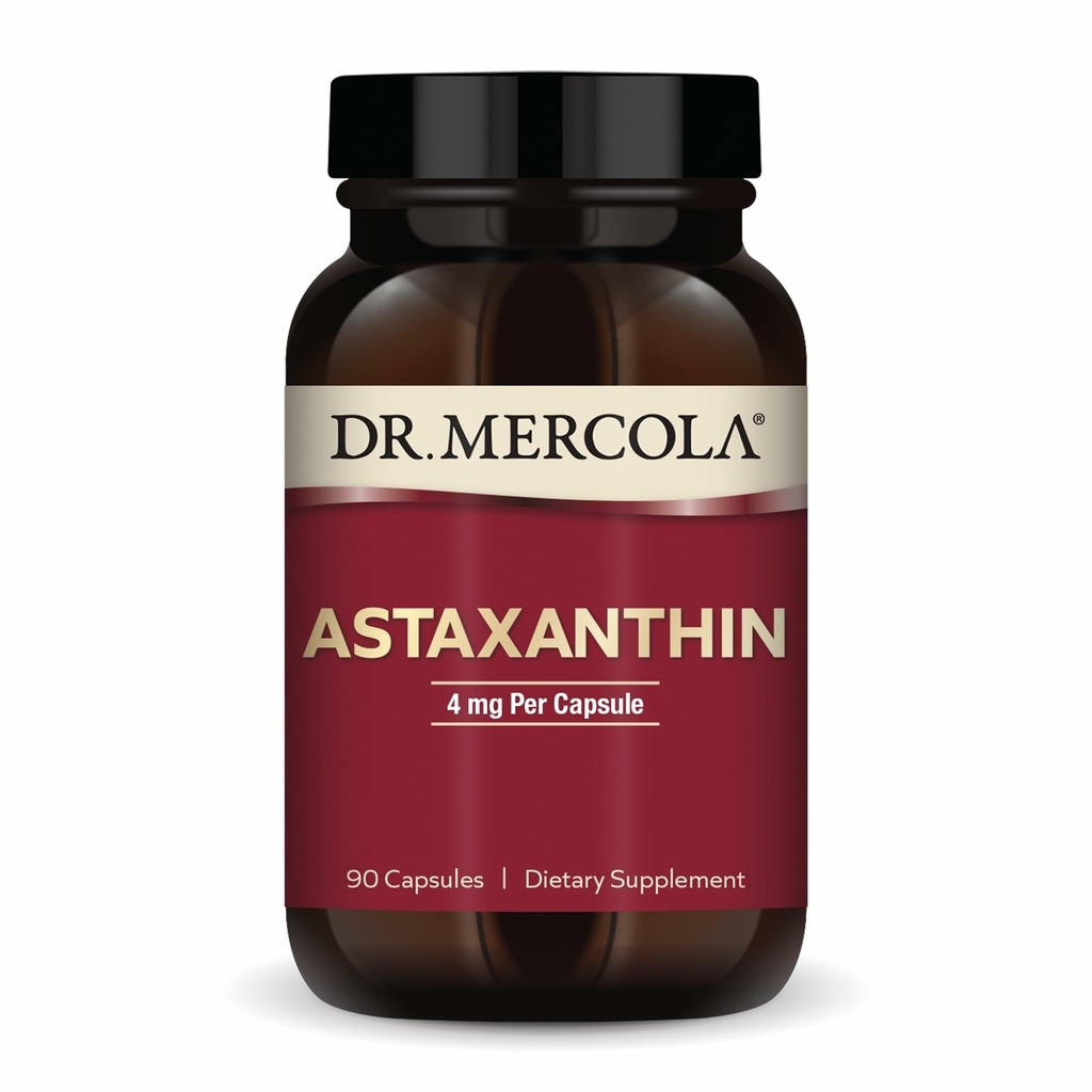 Dr. Mercola Organic Astaxanthin - 4 mg Astaxanthin - Powerful Antioxidant Support - Organic Microalgae Extract - Non-GMO, Gluten-Free &amp; Soy-Free - 90 cápsulas (90 piezas)
