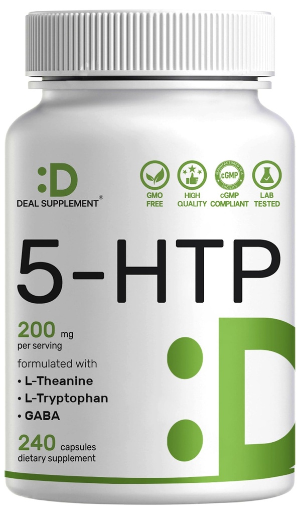 Deal Supplement 5-HTP 200mg Per Serving, 240 Capsules, 98% African Derived Griffonia Seed Extract | 4 in 1 Formula | Plus Active L Theanine, L Tryptophan, & GABA | Relaxation Support Supplement