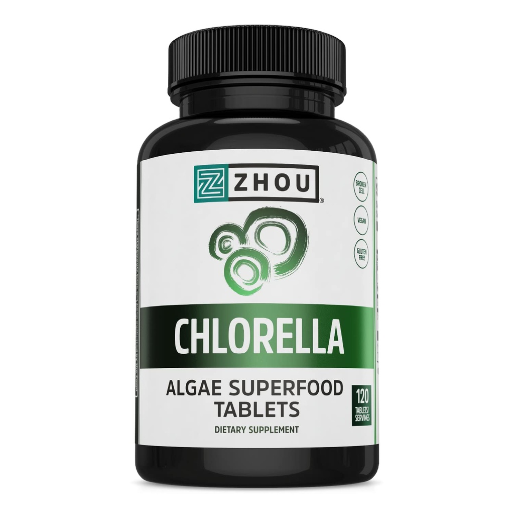 Zhou Chlorella Tablets - Suplemento Clorella, Vitaminas Clorophyll, Superalimentos de Algas Verdes Puras, Nutrientes Rich Super Food Pills, Muro de Célula Rota - 120 Tabletas Veganas