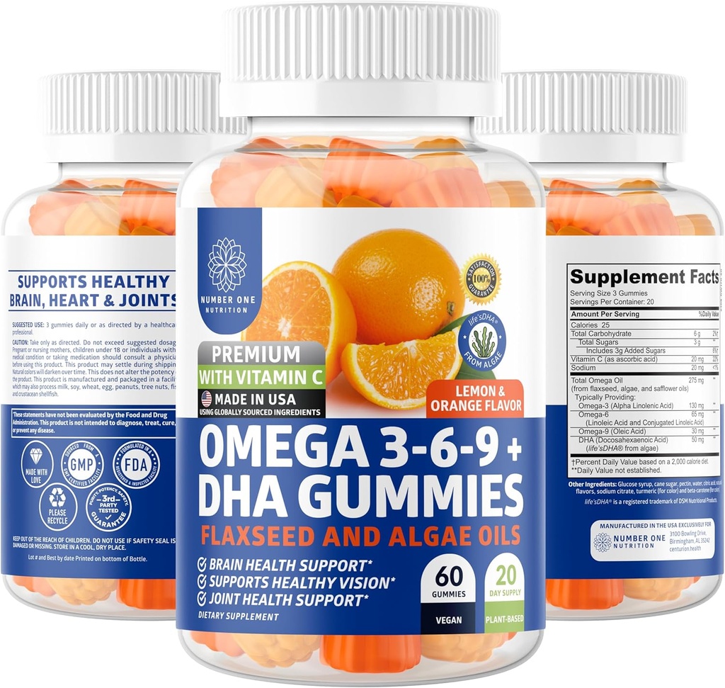N1N Premium Omega 3 6 9 + DHA Gummies [Vegan, Planta Basada] Cerebro Natural, Inmunidad y Asistencia Conjunta de Salud con Vitamina C, 60 Gummies