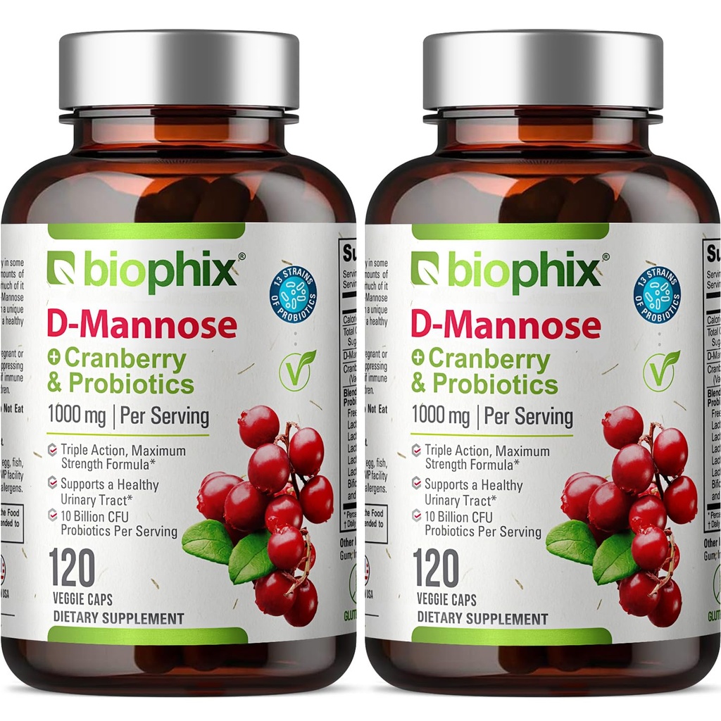 biophix D-Mannose 1000mg Capsules with Cranberry & Probiotics - D Mannose Supplements for Women - D-Mannose Pills for Urinary Tract & Bladder Health Support - Digestive Well-Being - 120 Vcaps 2 Pack