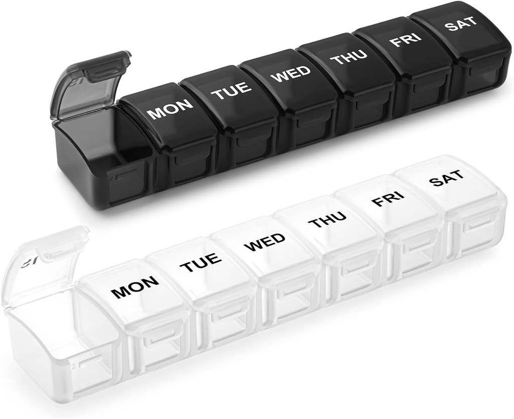 Pequeño organizador de píldoras 2 veces al día, 2 Pack 7 Day Pill Box 1 vez al día, Travel Friendly Day Night Vitamin Organizer, Weekly AM PM Pill Case Container