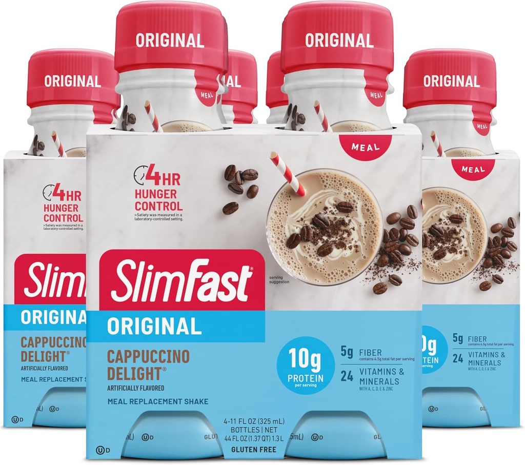 SlimFast Meal Replacement Shake, Original Cappuccino Delight, 10g de Listo para Beber Proteína para Pérdida de Peso, 11 Fl. Oz Bottle, 4 Conde (Pack of 3) (Packaging May Vary)