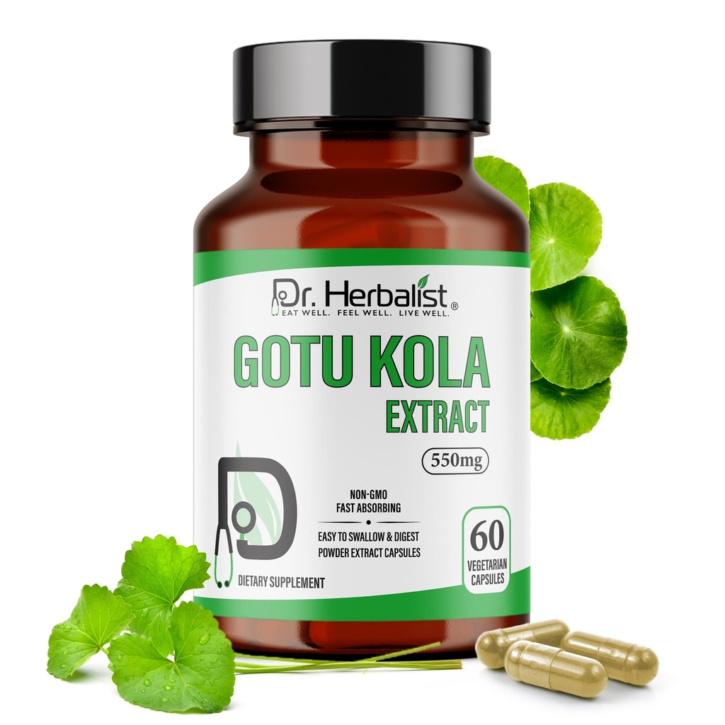 DR. Herbalist Gotu Kola Extracto 550mg – 60 cápsulas Vegan TENIDO 10:1 Extracto = 5.500mg Raw Herb TEN Premium Quality TEN Non-GMO, Gluten-Free TEN Daily Herbal Support TEN Centella asiatica Extract