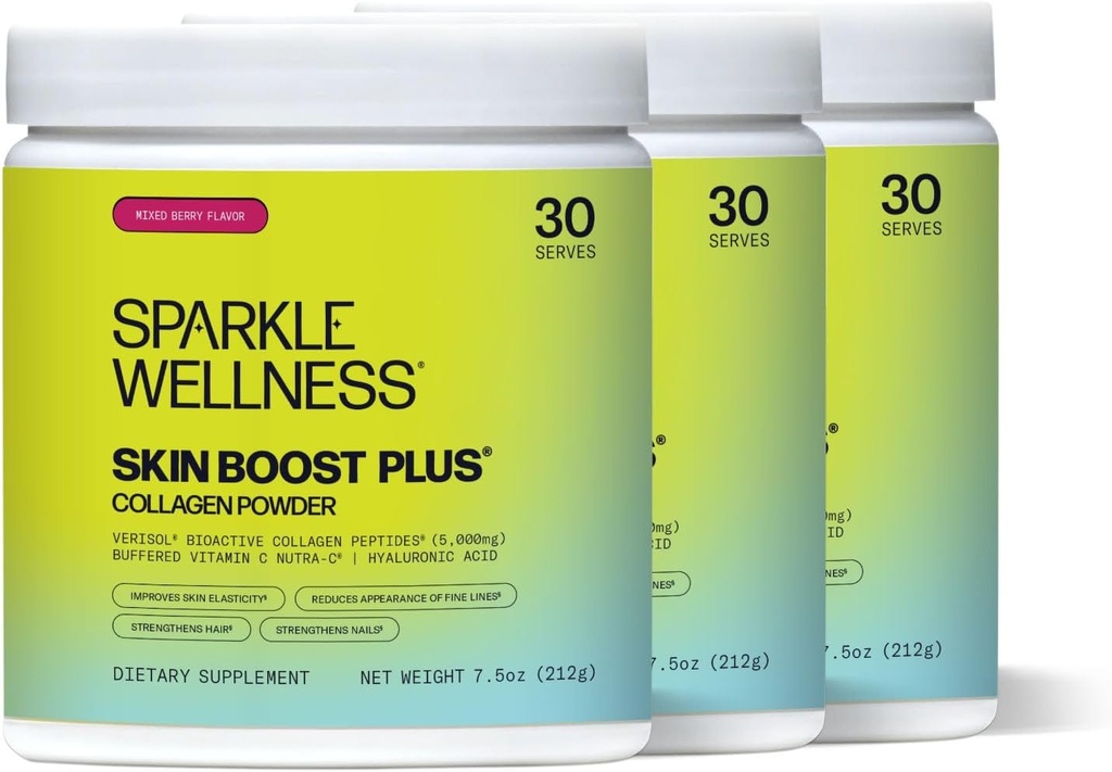 Sparkle Wellness Skin Boost Plus (Mixed Berry) [3-Pack of 30-Serves] Silencio Colagen Powder with VERISOL Bioactive Hydrolyzed Peptides Collagen, Vitamina C ' Hyaluronic Acid ← Mejorar la elasticidad de la piel
