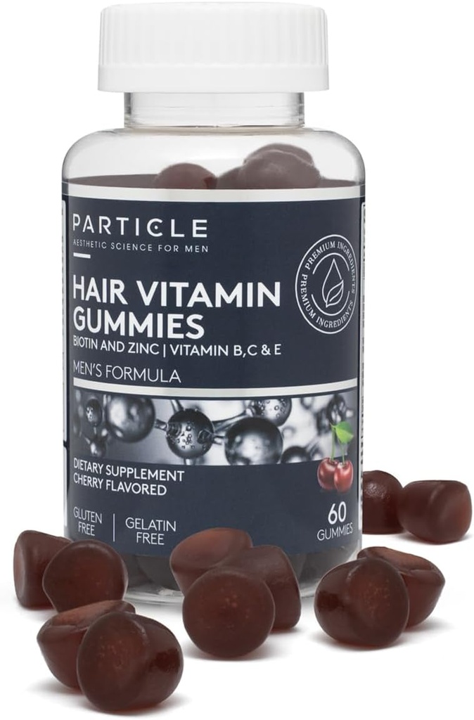 Particle Men’s Hair Gummies, Gluten Free & Vegan Supplement with Vitamin C, Biotin, Zinc & Vitamin B12, Men’s Daily Supplement for Hair & Wellness Support, Cherry Flavor, 60 Gummies, 1 Month Supply
