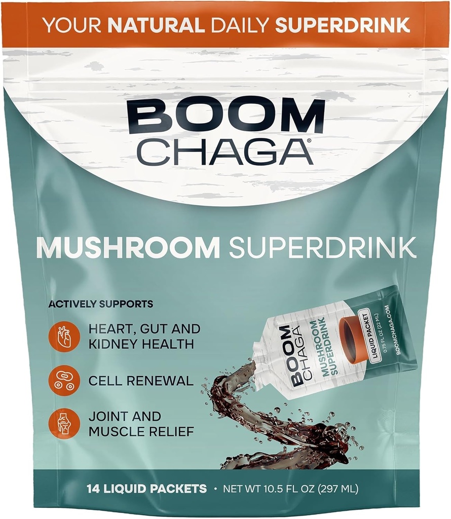 Mushroom Superdrink, Liquid Concentrate with Antioxidants for Anti-Inflammation and Immunity Boost, Beta-Glucans for Heart Health, Oxalate-Free, 14 Single-Serving Packets