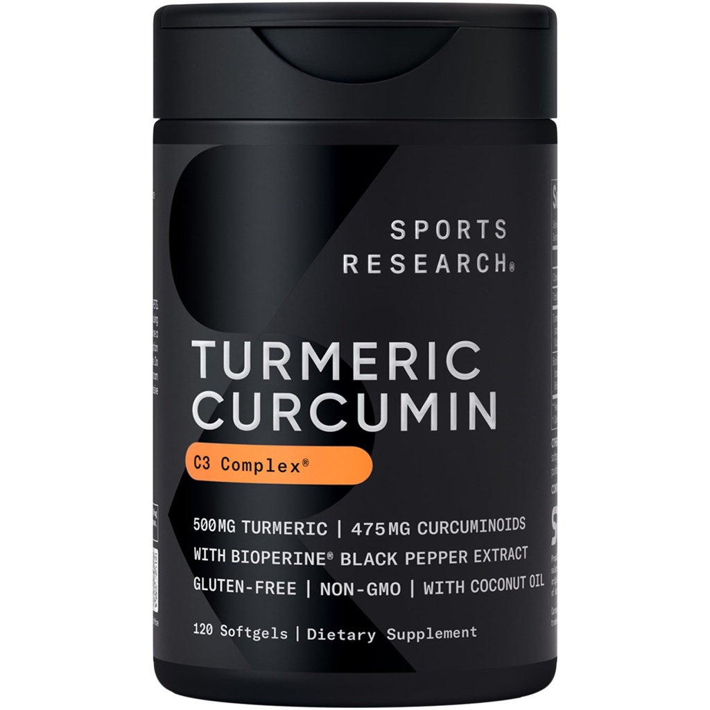 Investigación Deportiva Curcumina Turmérica Complejo C3 - Softgels con Bioperine Black Pepper Extracto " Aceite de coco orgánico, Curcuminoides de 95% estandarizados - No GMO Verificado " Gluten Gratis - 500mg, 120 Conde