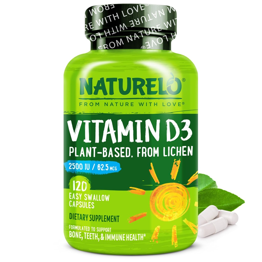 NATURELO Vitamin D - 2500 IU - Plant Based from Lichen - Natural D3 Supplement for Immune System, Bone Support, Joint Health - Vegan - Non-GMO - Gluten Free - 120 Capsules